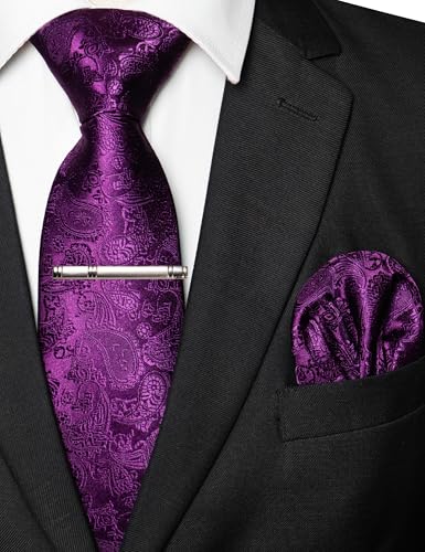 JEMYGINS Mens Solid Color Paisley Necktie and Pocket Square with Tie Clip Sets - color: Purple2