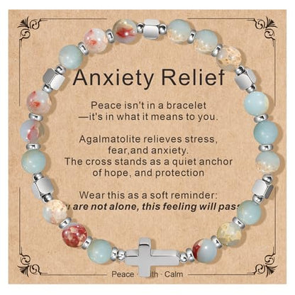 Natural Stone Stretch Bracelet for Women - Holy Water Elastic Cross Bracelet | Christmas Christian Baptism Gift, Meaningful Gifts, Unique Gift for Friends Mom Daughter Sister - style: cross-Anxiety Relief
