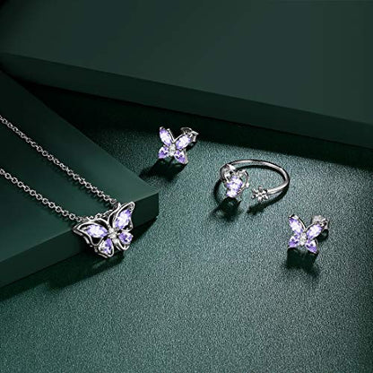 925 Sterling Silver Birthstone Butterfly Jewelry Women Crystal Animal Cute Butterflies Birthday Necklace/Earring/Ring/Bracelet Sets Birth Stone Statement Anniversary Jewellery - color: 2-F.June-Alexandrite