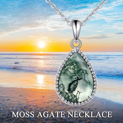 VONALA Sterling Silver Necklace Moss Agate/Turquoise/Larimar/Aquamarine/Opal/Black Onyx/Rose Quartz/Moonstone Pendant Teardrop Necklace Jewelry Gift for Women - style: Moss Agate