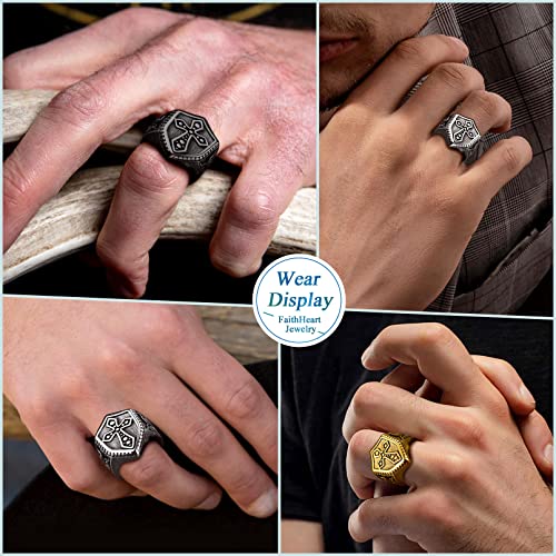 FaithHeart Mens Stainless Steel Crusader Jerusalem Cross Ring with 18K Gold Plated Two Tone Ring Size 7,8,9,10,11,12 - color: 08. Shield-Gold(Custom)