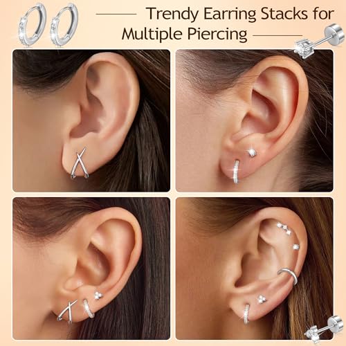 14K Gold Plated Hypoallergenic Stud Hoop Earrings Sets for Women | 7 Pairs Gold Earrings for Women Trendy, Cartilage Earring Lightweight Helix Lobe Tragus Conch Earrings for Women - color: Silver Plated
