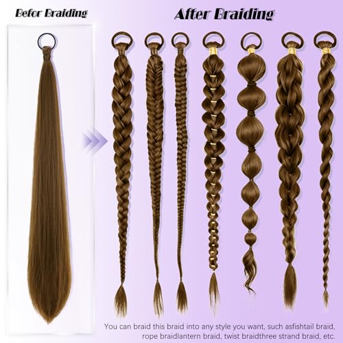 Light Brown Ponytail Extension with Hair Tie DIY Braided Ponytail Extension for Woman 2 PCS Warp Around Yaki Straight Sleek Hairpieces Light and Soft Fluffy Stayle Ponytail for Women Daily Party Use - color: Light Brown