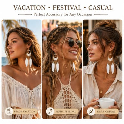 Boho White Feather Earrings for Women, Long Chain Chandelier Dangle Jewelry | Boho White Feather Earrings for Women, Long Chain Chandelier Dangle Statement Earrings for Beach Vacation, Festival and Party