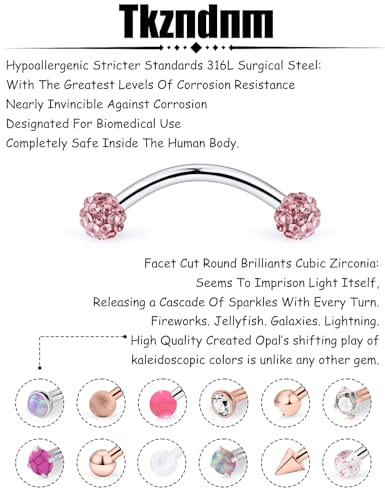 16g 8/10mm Silver/Black/Rose-Gold/Rainbow Eyebrow Piercing Jewelry Rings Curved Barbell Vertical Labret Lip Surgical Steel Small Belly Button Snake Eyes Tongue Rook Earrings for Women Men - color: Rose Gold / Pink, size: 16g*8mm*3mm