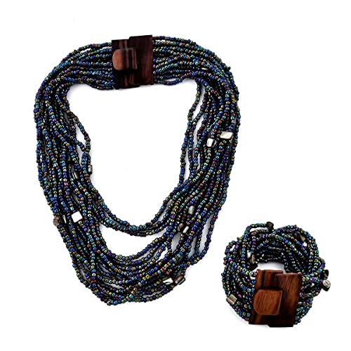 Shop LC Seed Bead Necklace Bracelet Set Boho Jewelry for Women | Multi Layered Boho, Wooden Clasp, 18 Inch Necklace, Stretchable Bracelet - color: Peacock