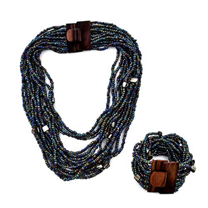 Shop LC Seed Bead Necklace Bracelet Set Boho Jewelry for Women | Multi Layered Boho, Wooden Clasp, 18 Inch Necklace, Stretchable Bracelet - color: Peacock