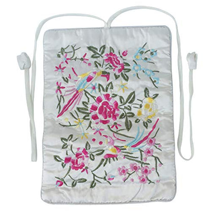 Travel Jewelry Roll Bag - Silk Embroidered Brocade Pouch for Rings, Necklaces, Earrings, Bracelets | Lightweight & Tie Closure (White) - color: White