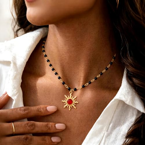 Tgirls Boho Beaded Choker Necklace Opal Bead Necklace Sun Pendant Summer Jewelry for Women - color: Black-opal