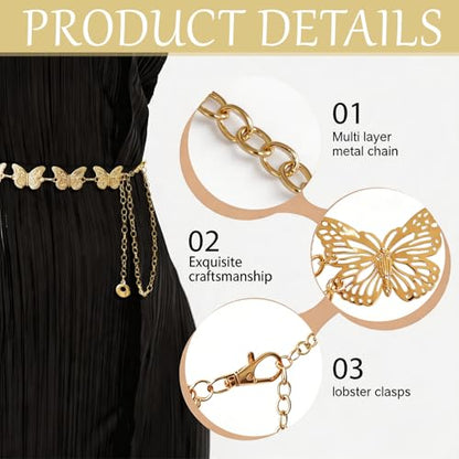 3 Pcs Gold Chain Belt for Women, Adjustable Waist Chain with Clover Butterfly Disc Pendants, Body Jewelry, Boho Belts for Women, Summer Beach Party - color: Gold-3