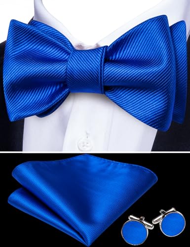 YOHOWA Bow Ties for Men Self-tied Silk Bowtie Solid Color with Lapel Pin and Handkerchief Cufflinks for Wedding Party Prom - color: Soild Deep Blue
