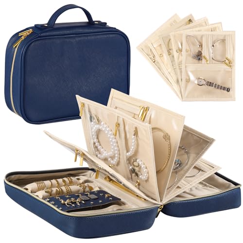 Travel Jewelry Organizer Case for Women, Blue | 5 Zipper Pouches, For Necklaces, For Earrings, For Rings, For Bracelets - color: Blue