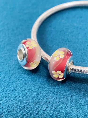 2pcs Authentic 925 Silver Murano Glass Flower Charms for Pandora Bracelets - color: 04-Red & Yellow flowers