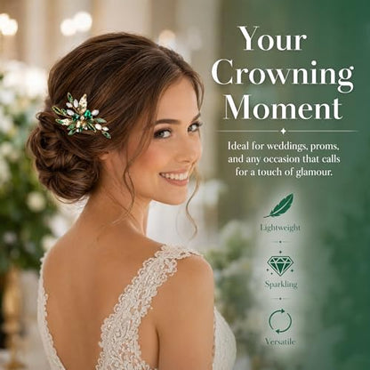 Emerald Green Hair Accessories for Women Crystal Leaf Bridal Side Comb Wedding Hair Piece with Gold Tone Design Elegant Clip for Prom Party Bridesmaid Formal Events
