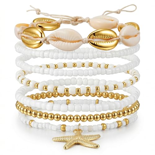 Ouligay 7PCS Boho Shell Ankle Bracelet Shell Beaded Ankle Bracelets for Women, Summer Beach Bracelets, Boho Adjustable Anklet Hawaiian Beach Seashell Starfish Foot Jewelry Gifts, Summer Accessories