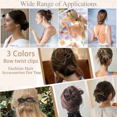 6 Pcs Bow Hair Clips, Retro Acrylic Soft Leather Bowknot Twisted Flat Claw, Ponytail Holder Barrettes, Flat Claw Clips for Women Thick Hair, Non-Slip Strong Holder Accessories