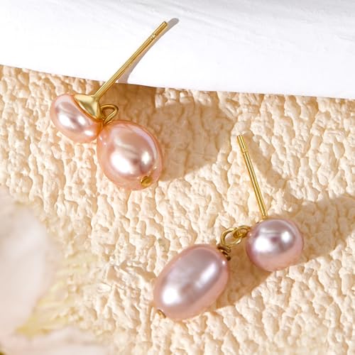 Petite Pearl Drop Earrings for Women - Real Freshwater Cultured Pearls Collection, S925 Sterling Silver Hypoallergenic Posts, 18K Gold Plated Dainty Jewelry - color: Pink