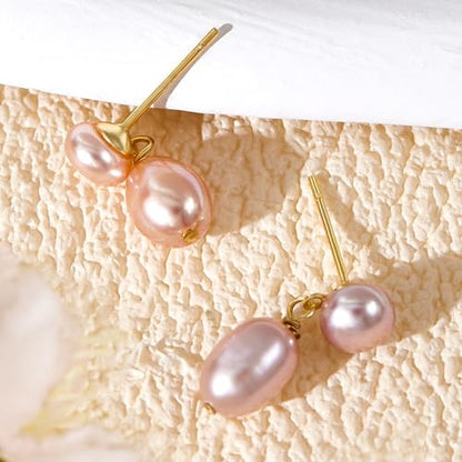 Petite Pearl Drop Earrings for Women - Real Freshwater Cultured Pearls Collection, S925 Sterling Silver Hypoallergenic Posts, 18K Gold Plated Dainty Jewelry - color: Pink