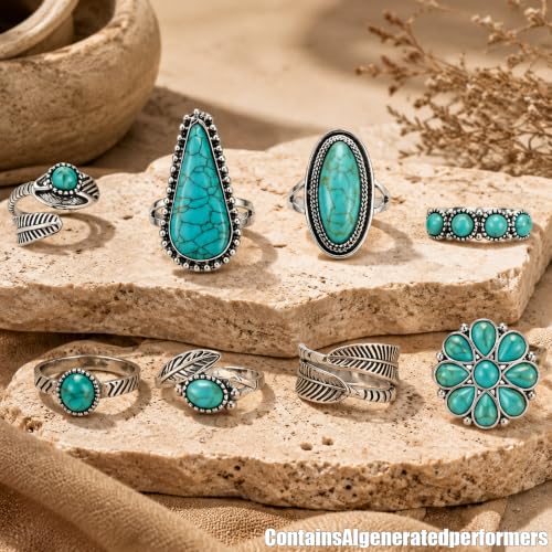 8 Pcs Bohemian Turquoise Ring for Women Western Open Vintage, Retro Ethnic Style Stackable Silver Boho Gemstone Knuckle Midi Chunky Dainty Statement Ring Set Jewelry Accessories