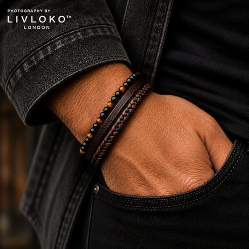 LONDON Mens Bracelet Leather Black Multi-Layer Stone Beads Adjustable Steel Clasp Viking Rope Bands Surfer Man Wristband Male UK Jewellery Gift box Boyfriend Dad Son Brother Tiger Eye - color: B. 19-22cm Black Brown Tiger-Eye Adjustable, size: Large to Ex