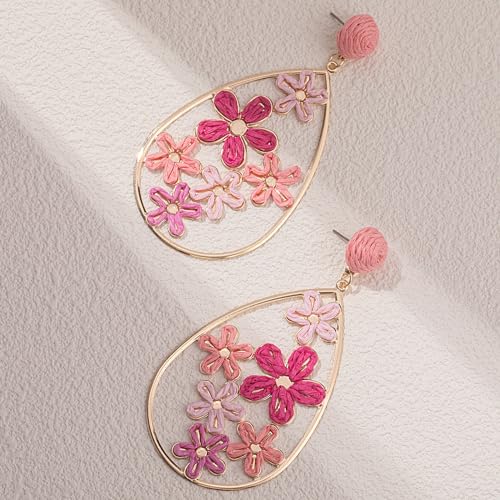 Boho Raffia Flower Teardrop Earrings Cute Colorful Dangle Trendy Jewelry | Floral Drop Statement Big Dangling Earring Hypoallergenic Gold Fun Unique Summer Spring Beach Vacation Outfits for Women - color: Pink