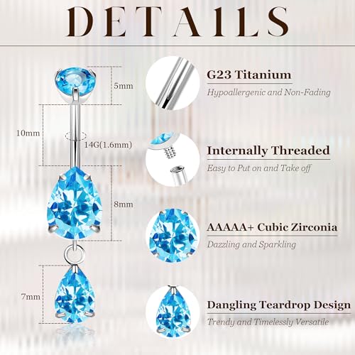 14G G23 Pure Titanium Dangle Belly Button Ring for Women Dangling CZ Navel Ring Teardrop Curved Barbell Belly Rings Internally Threaded Belly Piercing Jewelry - color: Blue