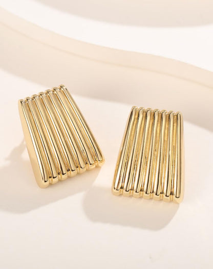 Gold Chunky Statement Earrings for Women, Trendy 14K Gold Plated Square Geometric Vintage Drop Dangle Designer Stud Earrings, Jewelry Gift - style: ribbed-gold