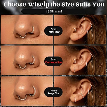 FASACCO 20G 18G 16G Cartilage Hoop Earring 316L Surgical Steel Silver Huggie Hoop Earrings Hypoallergenic Hinged Segment Rings Septum Nose Hoops Daith Conch Helix Tragus Piercing Jewelry 6mm/8mm/10mm - style: Silver-16G-8MM