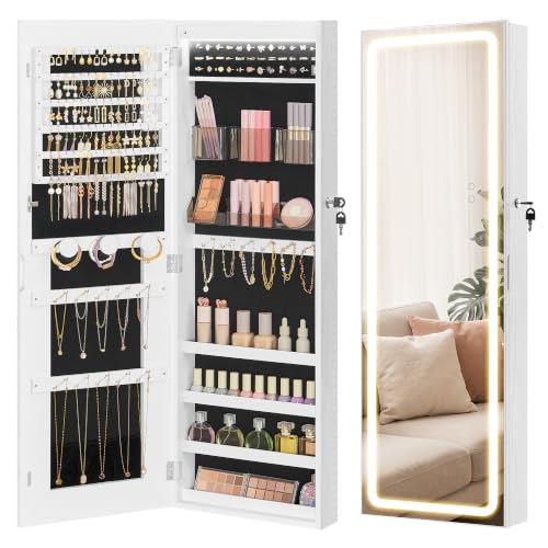 SONGMICS HOME Mirror Jewelry Cabinet, Lockable Hanging Jewelry Organizer with Full-Length Mirror, Door or Wall Mounted Storage Cabinet, Adjustable LED Lights, White - color: White, style: 42.5-Inch with Smart Mirror Pro