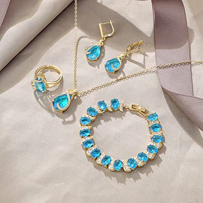 EVER FAITH Wedding Jewelry Set for Bride Bridesmaid, Glamour Teardrop Cubic Zirconia Pendant Necklace Earrings Tennis Bracelet Open Ring Sets for Birthday/Valentine's Day/Mother's Day/Christmas - color: A_Sky Blue Gold-Plated-Brass