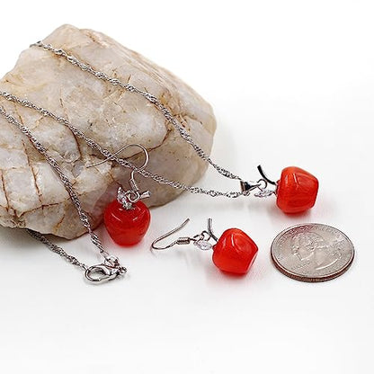 Uloveido Apple Necklace and Earrings Set for Women Cute Apple Jewelry Set for Teacher Mom YL007 - color: Red