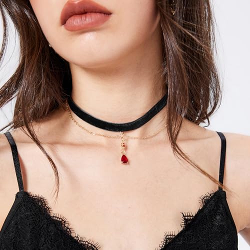 Fesciory Black Necklaces for Women, Adjustable Layered Velvet Leather Lace Collar Necklace, Goth Jewelry Gifts. - color: Red Pendant