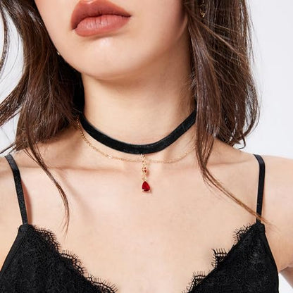 Fesciory Black Necklaces for Women, Adjustable Layered Velvet Leather Lace Collar Necklace, Goth Jewelry Gifts. - color: Red Pendant