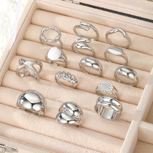 Chunky Rings for Women Non Tarnish 14k Stackable Dome Statement Rings Sets Vintage Dainty Knuckle Open Midi Finger Rings Jewelry Pack Gifts - style: Silver 14Pcs