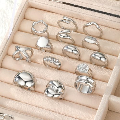 Chunky Rings for Women Non Tarnish 14k Stackable Dome Statement Rings Sets Vintage Dainty Knuckle Open Midi Finger Rings Jewelry Pack Gifts - style: Silver 14Pcs