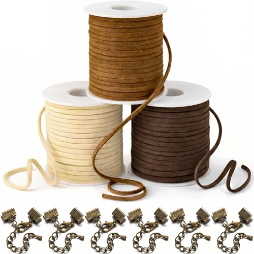Faux Suede Flat Cord for Jewelry Making, 3 Rolls 50 Yards Each 150 Yards Total, Faux Leather Cord in Cream Brown Dark Brown, with 6 Lobster Clasp Kits for Necklaces Bracelets Chokers