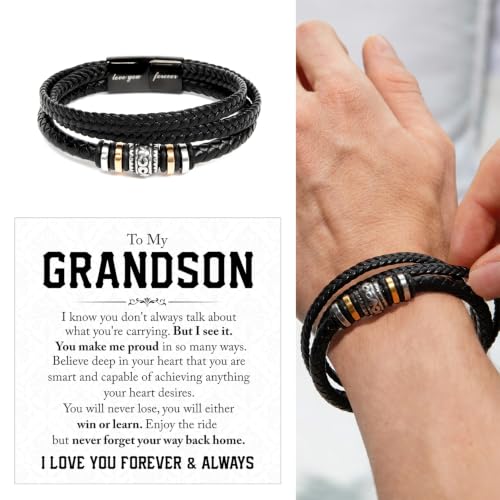 To My GrandSon Bracelet – Love You Forever Braided Leather Bracelet, Meaningful GrandSon Gift from Grandpa & Grandma with Heartfelt Message Card & Elegant Gift Box for Birthday, Christmas - color: Version#6