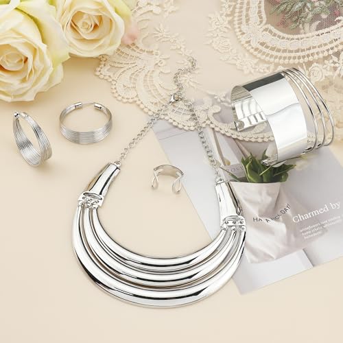JOERICA Bib Choker Necklace Silver Gold Jewelry Set Wide Cuff Bangle Bracelet Open Hoop Earrings Adjustable Ring Chunky Silver Gold Statement Costume Jewelry Set for Women - color: Silver Tone