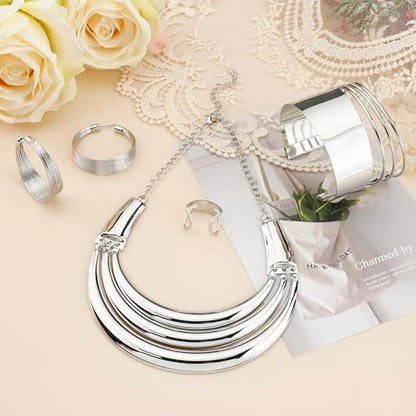 JOERICA Bib Choker Necklace Silver Gold Jewelry Set Wide Cuff Bangle Bracelet Open Hoop Earrings Adjustable Ring Chunky Silver Gold Statement Costume Jewelry Set for Women - color: Silver Tone