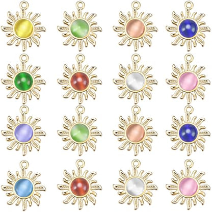 30Pcs Cat's Eye Stone Opal Sun Charms Alloy Celestial Planet Charm Sunflower Pendant for Diy Rapunzel Earrings Necklace Bracelet Jewelry Making Supplies - color: Gold