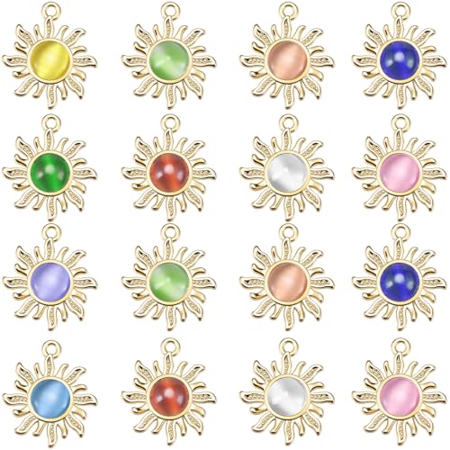 30Pcs Cat's Eye Stone Opal Sun Charms Alloy Celestial Planet Charm Sunflower Pendant for Diy Rapunzel Earrings Necklace Bracelet Jewelry Making Supplies - color: Gold