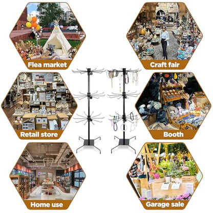 3 Tier 28.3 x 11.8 Inch Rotating Display Stand, Earring Display Rack, Black Metal Retail Display Stand with Hooks for Necklace, Bracelet, Earrings, and Keychains, Adjustable Height