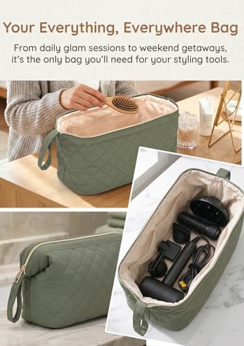 TeeYee Nylon Hair Tools Travel Bag for Dyson Airwrap Quilted Toiletry Bag | Travel Storage Bag for Shark Flexstyle/Curling Iron,Water-repellent,Wide-open,Well-structured,Heat-safe lining,001green - color: Green