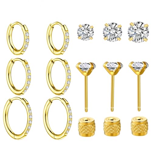 3 Pairs Huggie Hoop Earrings,Cartilage Hoop Earring Cubic Zirconia Cuff Surgical Stainless Steel Earrings - color: Gold CZ Hoop/stud earring