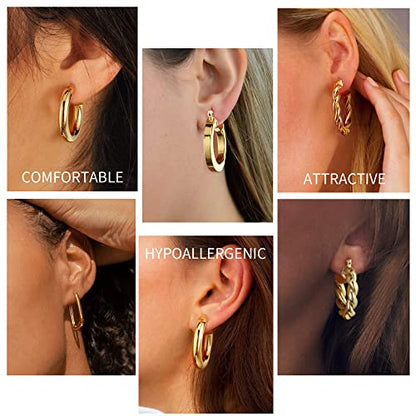 9 Pairs Gold Hoop Earrings for Women, 14K Real Gold Plated Chunky Hoop Earrings Set for Women Hypoallergenic Thick Lightweight Earring for Womens Jewelry Gifts - color: 14K-Gold-Plated