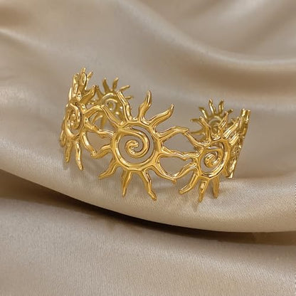 Chunky Gold Sun Cuff Bracelet for Women – Boho Spiral Sun Statement Jewelry, Stainless Steel Adjustable Wide Metal Bangle for Holiday Fashion - color: Gold