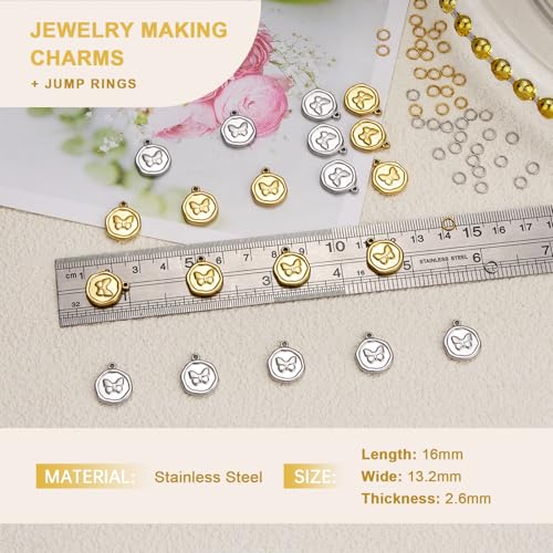 10pcs Gold Plated Stainless Steel Charms + 10pcs Steel Color Butterfly Charm Pendant Bulk with 40pcs Jump Rings - color: Butterfly Gold Silver