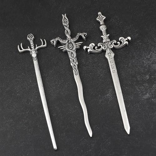 3PCS Sword Hair Pins for Women, Metal Hair Sticks Set, Fantasy Hair Accessories, Medieval Renaissance Hair Pin Set, Gothic Decorative Hair Sticks for Bun Updo Long Thick Hair