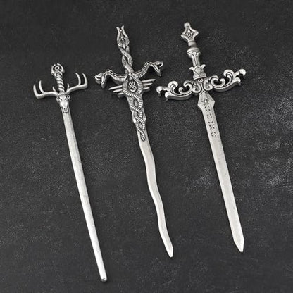 3PCS Sword Hair Pins for Women, Metal Hair Sticks Set, Fantasy Hair Accessories, Medieval Renaissance Hair Pin Set, Gothic Decorative Hair Sticks for Bun Updo Long Thick Hair
