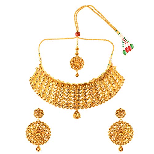 Aheli Elegant Indian Faux Kundan Studded Choker Necklace with Maang Tikka Set Ethnic Wedding Wear Bharatanatyam jewellery set Gift for Women - color: Gold 1